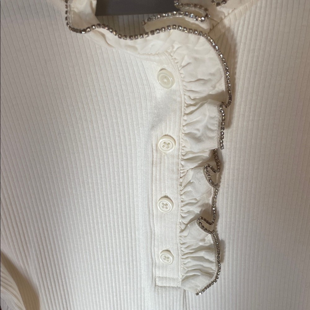 J. Crew Cream Ruffle-Trim Ribbed Long-Sleeve Henley - Picture 3 of 4